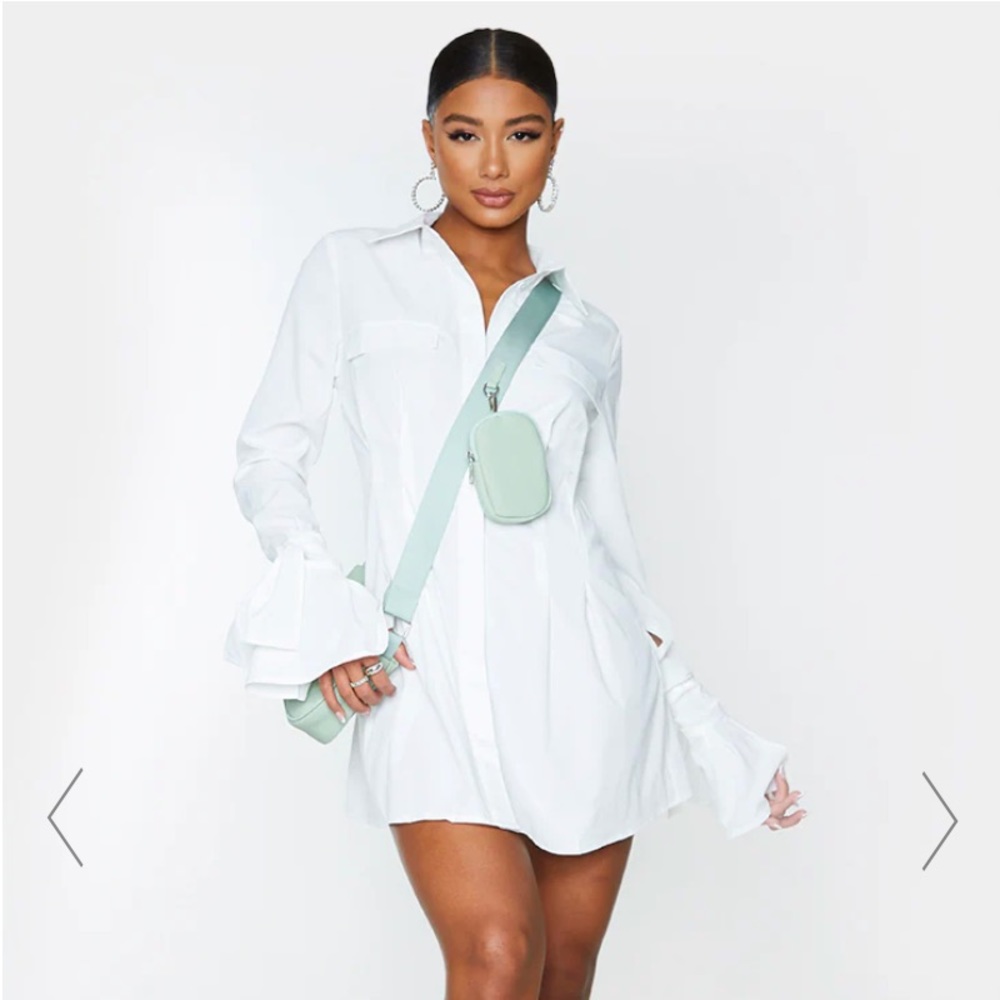 PRETTY LITTLE THING PLT white tie cuff detail pleated shirt dress US size 2